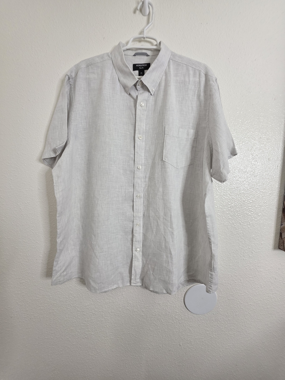 Nordstrom Mens 2XL Light Grey 100% Linen Short Sleeve Trim Fit Shirt